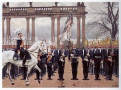 Kaiser Wilhelm II. bei einer Militärparade am 9. Februar 1894 im Lustgarten in Potsdam. Farblithografie von Carl Röchling (1855–1920), gemeinfrei
