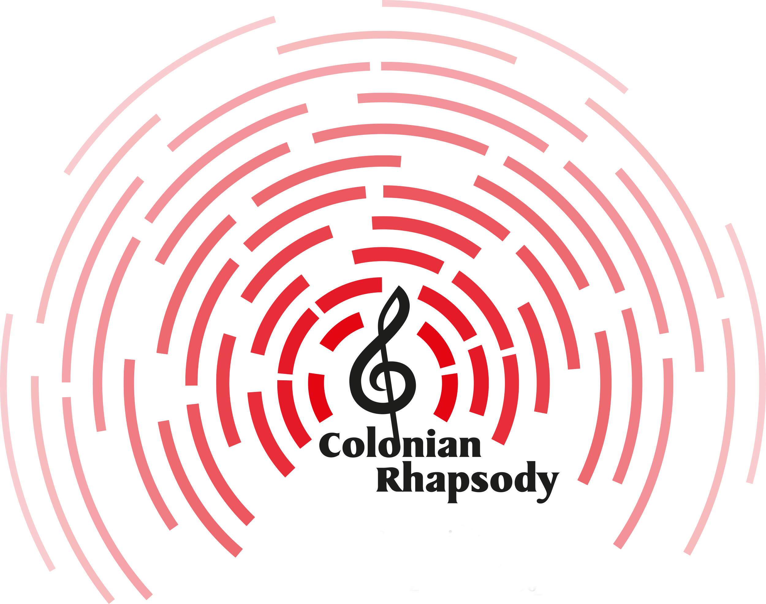 Grafik „Colognian Rhapsody", Notenschlüssel umgeben mit stiliserten roten Schallwellen, die sich nach außen im Farbwert abschwächen