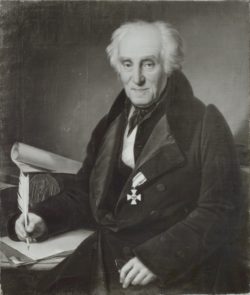Historisches Gemälde von Wallraf, dunkel gekleideter älterer Mann, sitzend, mit Schreibfeder in der Hand